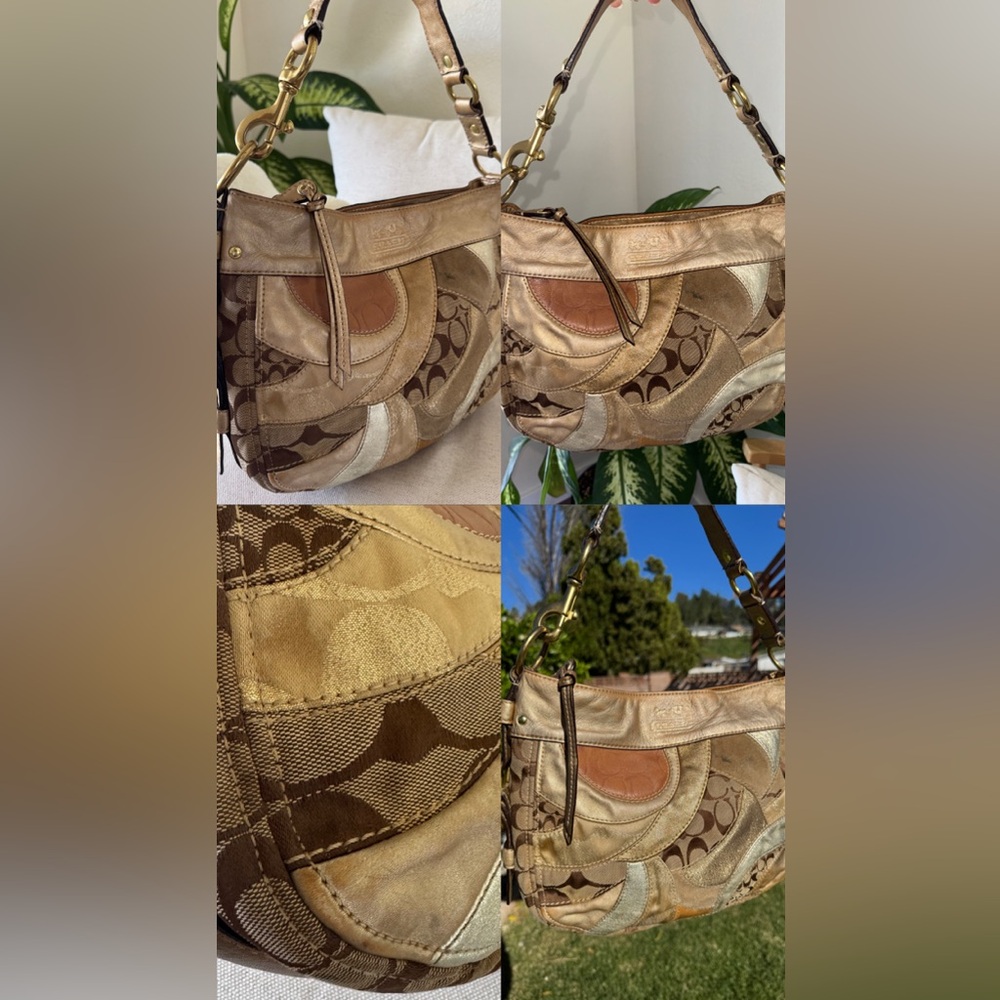 Coach Zoe Vintage Signature Jacquard Patchwork Gold Brown Shoulder Y2K Bag 12662 - Picture 14 of 17
